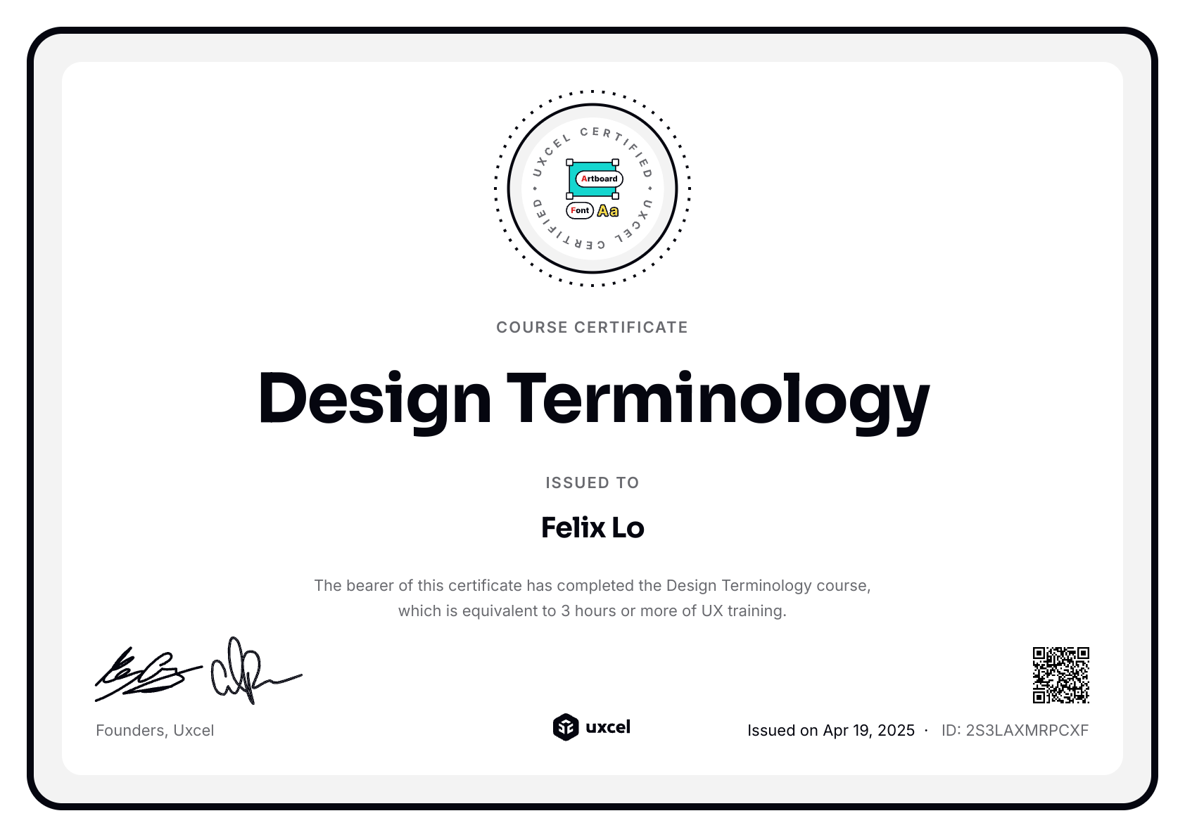 Felix Lo's certificate